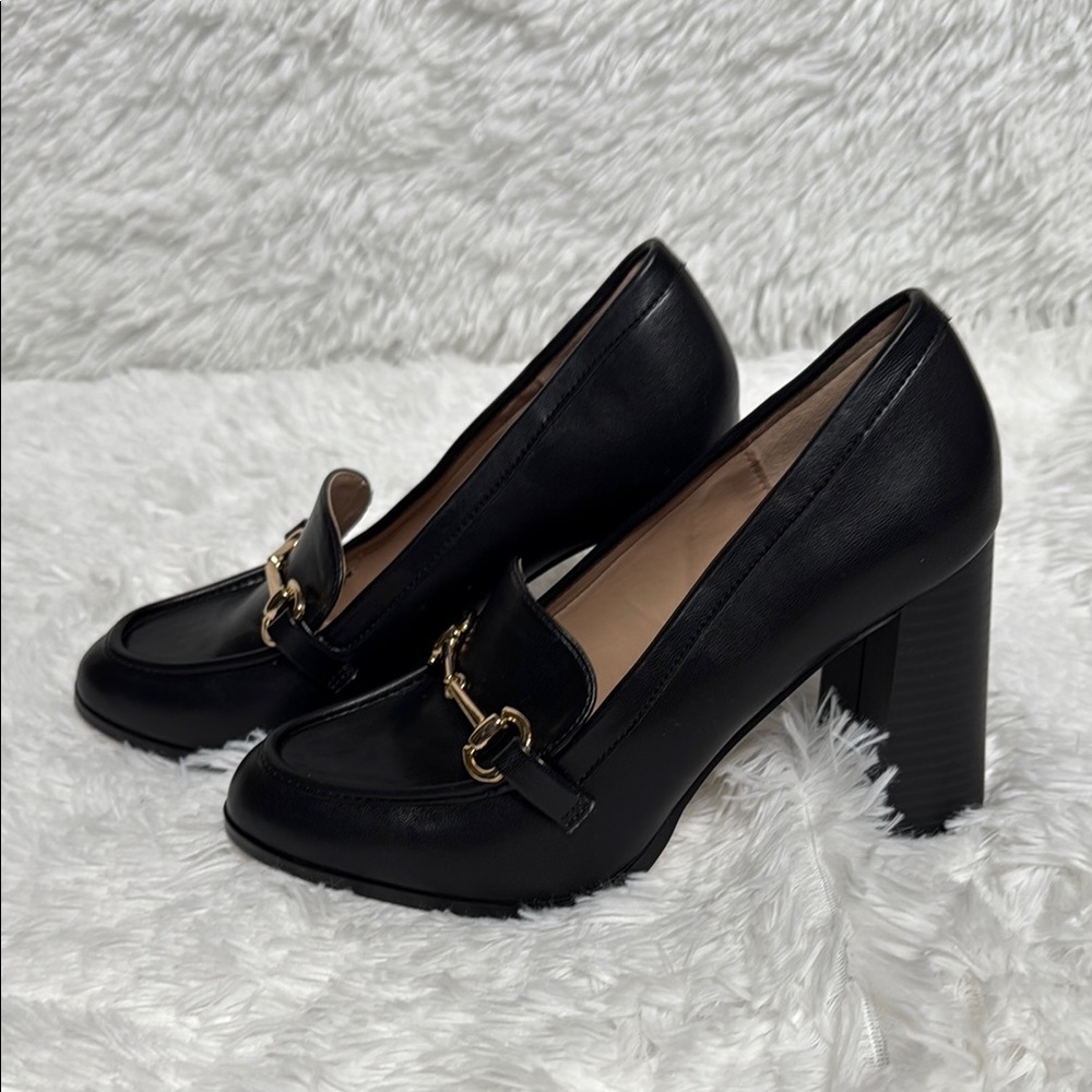 BCBGeneration Black and Gold Heels with Chunky Block Heel